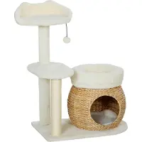 Moonbite Kleiner Kratzbaum 79 cm mit Katzenhaus, zwei Betten und Spielball, Schilfrohr und Sisal-Säulen, Plüsch, Spanplatte, Cremeweiß