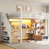 MODFU Jugendbett 140x200 mit Schreibtisch und zwei Schubladen Bettgestell mit Stauraum Hochbett mit LED-Beleuchtung und Regalen mit Matratze Weiß