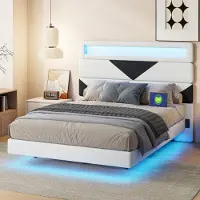 Moonbite 160 x 200 cm großes Bett aus MDF mit USB- und LED-Beleuchtung, schwebendes Bettgestell mit dreieckigem Kopfteil, Weiß