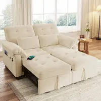 Merax 3-in-1 Schlafsofa, 2-Sitzer Schlafcouch mit Schlaffunktion, verstellbarer Rückenlehne, mit USB- & Type-C-Anschlüssen, 2 Kissen, Bettsofa, Beige