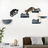 Moonbite Katzen-Kletterwand 4-teilig mit 3-Etagen-Wandkratzbaum, Katzentreppe und Liegeschale, Sisalstämmen und Plüsch, bis 5 kg, Spanplatte, Grau