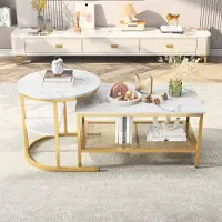 ProximaX Rechteckige und runde, ineinander schiebbare Couchtische aus weißem Marmor mit goldenem Metallgestell, modernes und elegantes Design