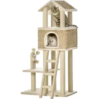 Fortuna Lai Kratzbaum Großer Katzenbaum 130cm, mit Katzenhöhle & Spielbällen, Jutestämme, Khaki+Beige, Spanplatte Plüsch