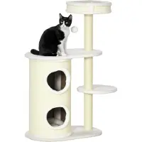 Youjia Kratzbaum mit Kratztonne, 1 Katzenbett und Katzenspielzeug, 59 cm x 35 cm x 100 cm, Cremeweiß