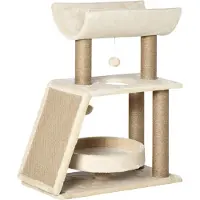 Moonbite Kratzbaum 60 x 30 x 76 cm, Kletterturm mit Bett, U-Plattform, Sisal-Kratzmatte und Hängebällen, für Katzen unter 5 kg, Plüsch, Natur