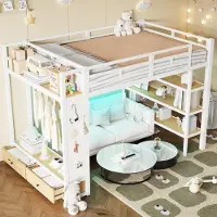 STILVORA Kinderhochbett 140x200 cm mit Matratze Jugendbett mit offenem Kleiderschrank und LED-Beleuchtung, Metall-Hochbett mit Ablagefächern und Lochwand, Hochbettgestell für Stauraum in Weiß