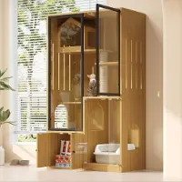 Flieks Hochschrank mit Katzenhaus und Kratzpfosten, Katzenvilla mit Schubladen, Haustiermöbelset Katzenkäfig mit Glastüren, Gelb