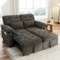 Merax 3-in-1 Schlafsofa, 2-Sitzer Schlafcouch mit Schlaffunktion, verstellbarer Rückenlehne, mit USB- & Type-C-Anschlüssen, 2 Kissen, Bettsofa, Grau