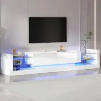 OKWISH Hochglanz-TV-Schrank mit LED-Beleuchtung, 181 cm – Für Fernseher bis 80 Zoll, Glasfront, zwei klappbare Schubladen t,weiß