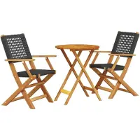 Syfax 3-tlg. Bistro-Set Schwarz Poly Rattan und Massivholz