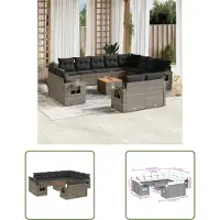 The Living Store 13-tlg. Garten-Sofagarnitur mit Kissen Grau Poly Rattan