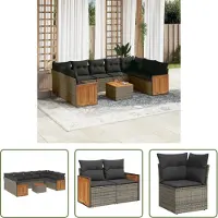 The Living Store 10-tlg. Garten-Sofagarnitur mit Kissen Grau Poly Rattan