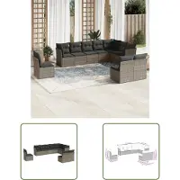 The Living Store 10-tlg. Garten-Sofagarnitur mit Kissen Grau Poly Rattan