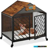 Relaxdays Hundekäfig für Zuhause, Industrial, HBT 73x70x53 cm, Hundemöbel mit Rollen, Zwinger, MDF, Stahl, braun/schwarz