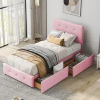 OKWISH Kinderbett Polsterbett 90x200cm mit 2 Schubladen, Massivholzbett Einzelbett mit Lattenrost, Jugendbett flachbett, Samtstoff(Ohne Matratze)- Rosa