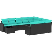 Syfax 11-teiliges Gartensofa-Set mit Kissen, schwarzes Polyrattan