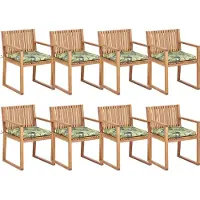 Beliani Gartenstuhl 8er Set Hellbraun es Akazienholz mit Sitzkissen Grün Blättermuster Armlehnen Lamellen-Optik Kufen Rustikal Holzstuhl