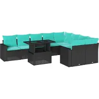 Syfax 10-teiliges Gartensofa-Set mit Kissen, schwarzes Polyrattan