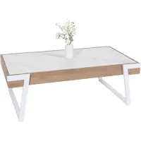 Mendler Couchtisch HWC-L89, Sofatisch Wohnzimmertisch, Eisen 43x120x64cm Sinterstein Marmor-Optik weiß Holz natur