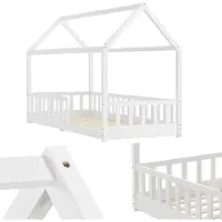 Juskys Kinderbett Marli 90 x 200 cm mit Matratze, Lattenrost & Dach - Holz Weiß