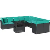 Syfax 11-teiliges Gartensofa-Set mit Kissen, schwarzes Polyrattan
