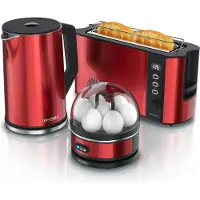 Arendo Frühstücksset 3-teilig rot, Wasserkocher ELEGANT 1,5 l 2000 W mit Temperaturwahl, Langschlitz-Toaster FRUKOST 1000 W, Eierkocher SEVENCOOK für 7 Eier