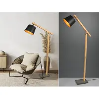 Meine Wunschleuchte Skandinavische LED Stehlampe mit Holz und Metall Lampenschirm Schwarz Gold 156cm