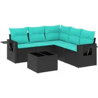 Syfax 6-teiliges Gartensofa-Set mit Kissen, schwarzes Polyrattan