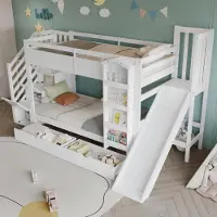 STILVORA Etagenbett 90x200cm mit Kinderrutsche und Treppenaufbewahrungsschrank, Kinderbett mit Bilderbuchregal und zwei Rollschubladen, Kinderzimmerbett aus Kiefer, MDF und Sperrholz in Weiß
