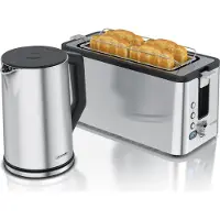 Arendo Frühstücks Set Edelstahl Wasserkocher 1,5l, Tasten, Griff & 4-Scheiben Langschlitz Toaster, Silber