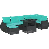 Syfax 8-teiliges Gartensofa-Set mit Kissen, schwarzes Polyrattan