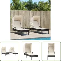 The Living Store Sonnenliegen 2 Stk. mit Dach und Tisch Schwarz Poly-Rattan