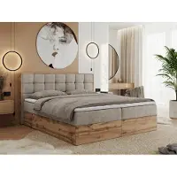 MKS Meble Boxspringbett 180x200 mit Bettkasten Eiche, Polsterbett 180x200 mit Matratze H3, Bett 180x200 mit Kopfteil, Eiche Wotan - 180x200 - Beige Struktur - Albero-1