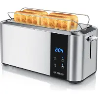 Arendo Langschlitz-Toaster AURORA 1500 W für 4 Scheiben, Toastautomat mit Touchdisplay, Restzeitanzeige, 7 Bräunungsgrade, automatische Hebefunktion, Brötchenaufsatz, silber
