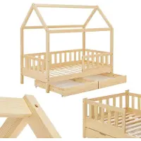 Juskys Kinderbett Marli 90 x 200 cm mit Matratze, Bettkasten, Lattenrost & Dach - Holz Natur