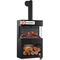 KAMINIO Elektrokamin HENRI mit Ofenrohr - Elektrischer Kaminofen mit Heizung, 3D-Flammeneffekt, LED-Ambientelicht, Holzfach, Fernbedienung - Schwarz