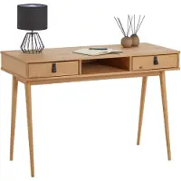 Idimex Schreibtisch KIM mit 2 Schubladen aus Massivholz, Eiche farben - Home-Office Tisch mit offenem Fach, Bürotisch mit 2 Schubladen und Ledergriffen