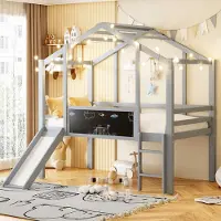 Merax Kinderbett Etagenbett 90x200 cm mit Rutsche, Massivholz Hausbett mit Leiter & Graffiti-Tafel, sicher & platzsparendes Hochbett mit Geländer, Grau