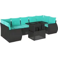 Syfax 8-teiliges Gartensofa-Set mit Kissen, schwarzes Polyrattan