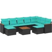 Syfax 10-teiliges Gartensofa-Set mit Kissen, schwarzes Polyrattan