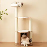 MODFU Katzenbaum 135 cm mit herausnehmbare Matten und Kippschutz,Katzenkratzbaum mit XXL-Stamm und 12 cm dickere Stämme,Katzenklettergerüst mit 3-stufige Plattformen und Katzenhaus,Weiß Katzenklet