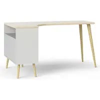 Dmora Schreibtisch "Oslo Arbeitstisch, Bürotisch", weiß (weiß, eichefarben), B:145,1cm H:75,8cm T:81cm, Tische, Schreibtisch, mit 2 Schubladen, 3 offene Fächer, Eckschreibtisch, Breite 145 cm