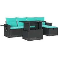 Syfax 6-teiliges Gartensofa-Set mit Kissen, schwarzes Polyrattan
