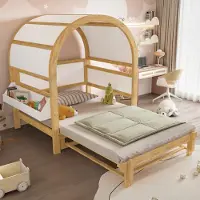 MODFU Erweiterbares Dachbett 140x200 Ausziehbare Bettfunktion und Holzhausdesign,Kinderbett Tagesbett mit Ablagefläche,Schiebebett ohne Matratze mit Lattenrosten,Weiß+Natur