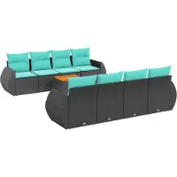Syfax 9-teiliges Gartensofa-Set mit Kissen, schwarzes Polyrattan