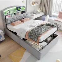 MODFU Kinderbett Polsterbett Jugendbett 90x200cm Multifunktionsbett mit Stauraum Einzelbett it LED und USB ohne Matratze, Grau