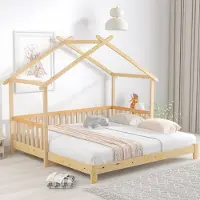 OKWISH Kinderbett 90 x 200 cm, Holzbett für Kinderzimmer, erweiterbares Baumhausbett, Hausbett, Kinderbett, Chaiselongue, Einzelbett, Doppelbett, reines Massivholz