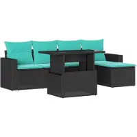 Syfax 6-teiliges Gartensofa-Set mit Kissen, schwarzes Polyrattan