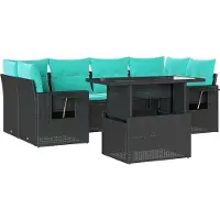 Syfax 7-teiliges Gartensofa-Set mit Kissen, schwarzes Polyrattan