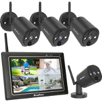 SecuFirst 2K Überwachungskamera Aussen Set mit Monitor,4X Kameras Überwachung ohne WLAN +7 Zoll Touchscreen Funk NVR Bildschrim,Gegensprech oder Wiede
